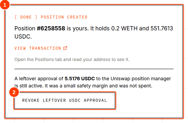 Position created message with a revoke button